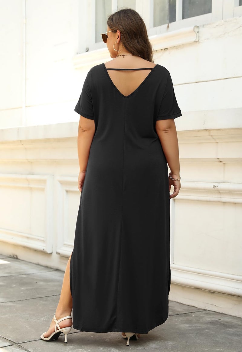Nemidor Plus Size Maxi Dresses for Curvy Women Casual Summer Slit Loose Short Sleeve Long Dress with Pocket 14-26 (188,22,Black) - Image 3